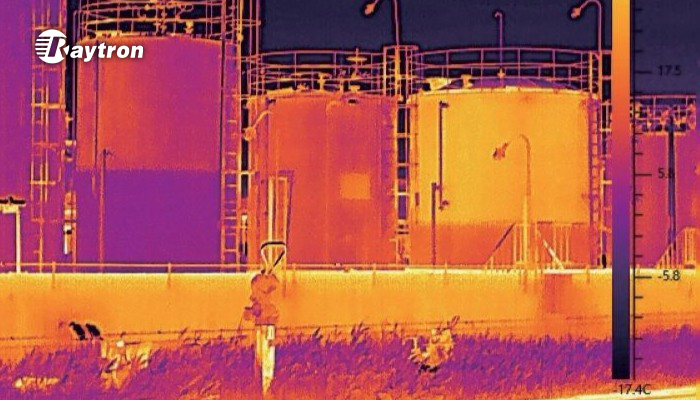 Infrared thermal image of multiple oil storage tanks showing temperature distribution and liquid level lines captured by Raytron thermal camera Infrared thermal image of multiple oil storage tanks showing temperature distribution and liquid level lines captured by Raytron thermal camera