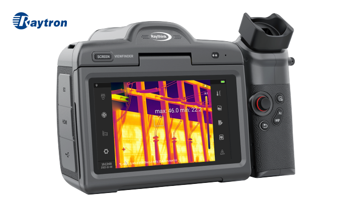 Raytron RS1280 infrared thermal camera device showing thermal imaging display screen with on-screen temperature readings for industrial inspection Raytron RS1280 infrared thermal camera device showing thermal imaging display screen with on-screen temperature readings for industrial inspection