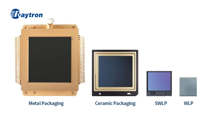 Comparison of four infrared sensor packaging technologies: metal, ceramic, wafer-level (WLP), and super wafer-level (SWLP) sensors side by side.
